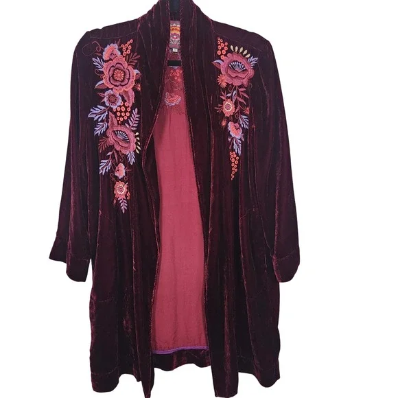 JOHNNY WAS Marcella Velvet Duster Silk Blend Embroidered S Wine - Picture 2 of 10